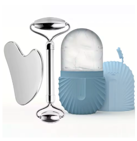 3-piece facial cleansing tool, stainless steel heart-shaped scraping tool, ice facial roller, a flannel bag