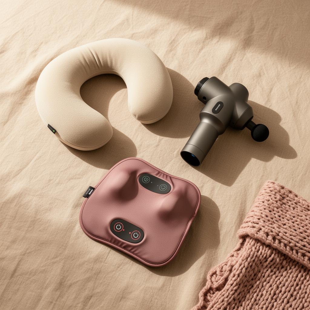 The Recovery Set Bundle — neck pillow, percussion massager, and foot pad