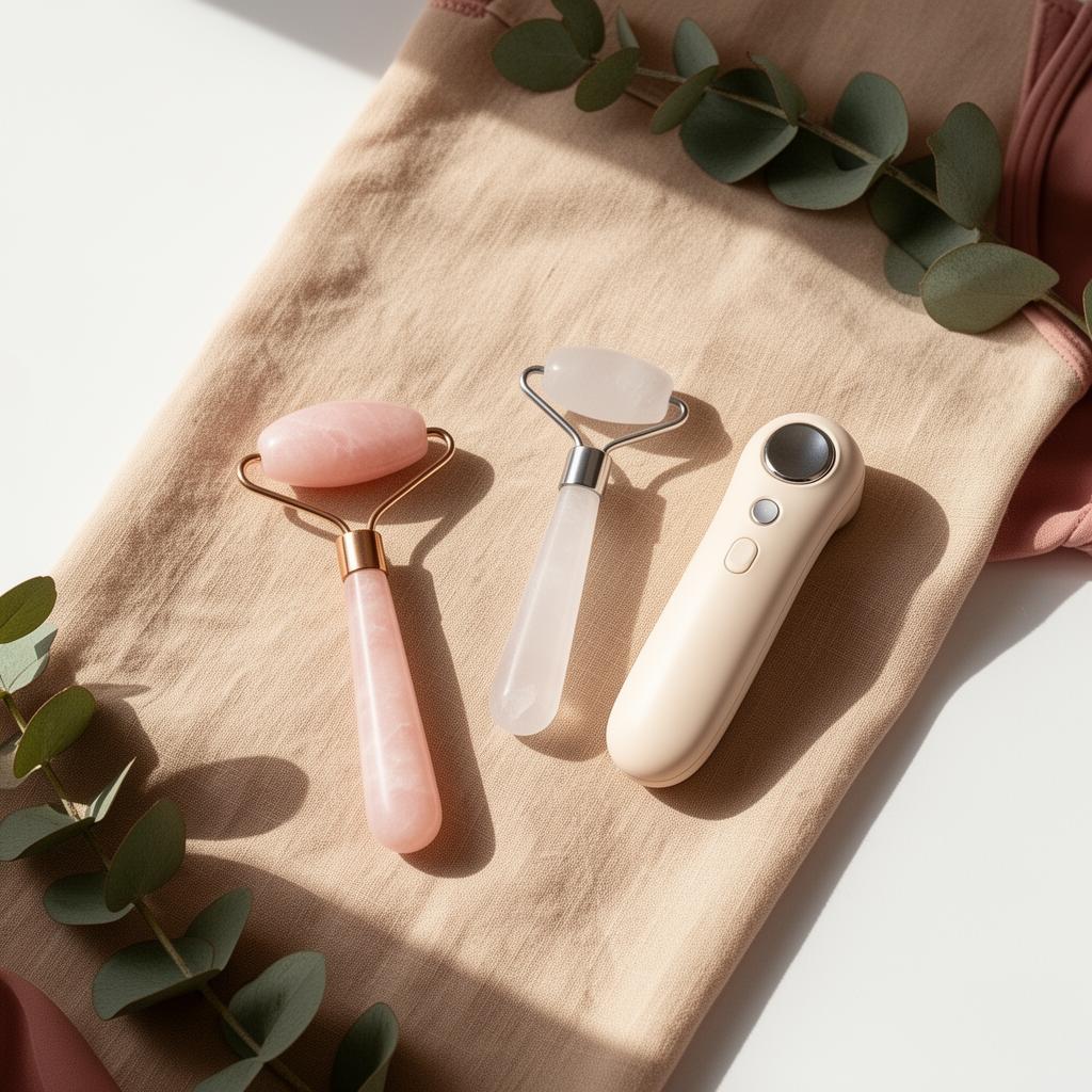The Reset Ritual Bundle — facial roller, ice roller, and EMS toner on warm linen