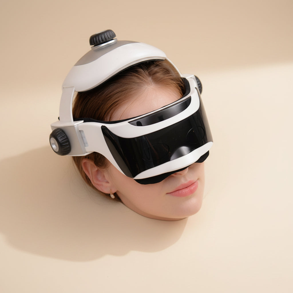 CalmHelm Massager product photo on a warm beige background
