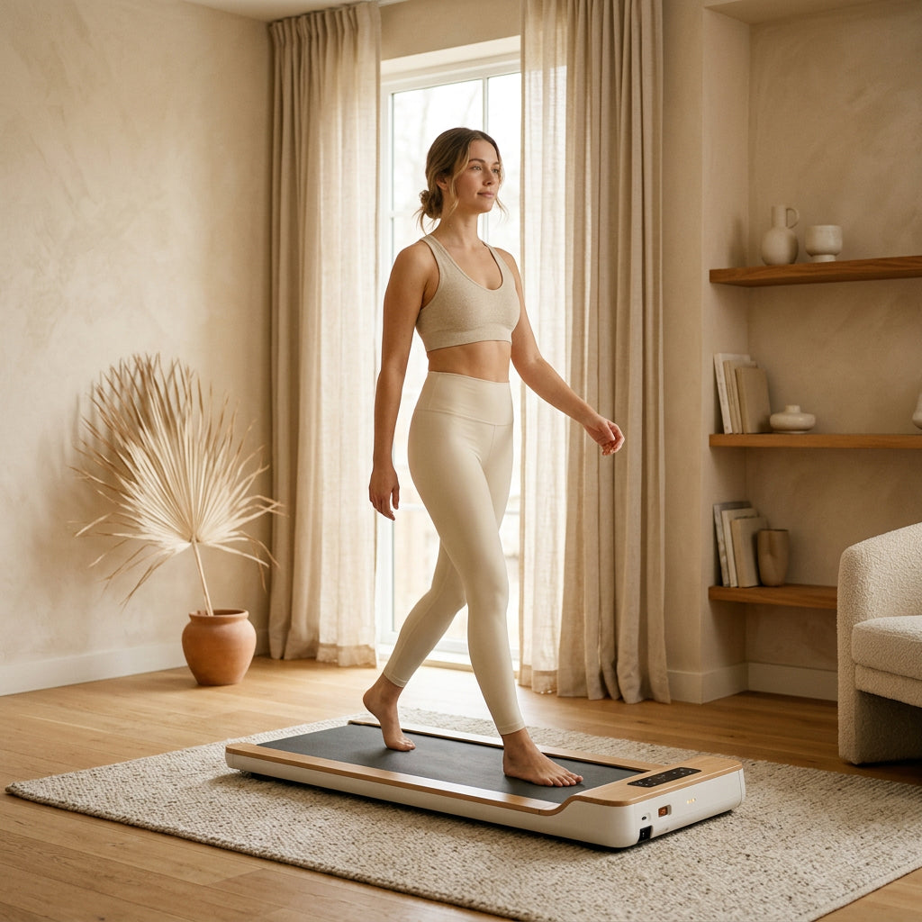 Person walking on the StrideDesk Walker in a sunlit minimalist beige room