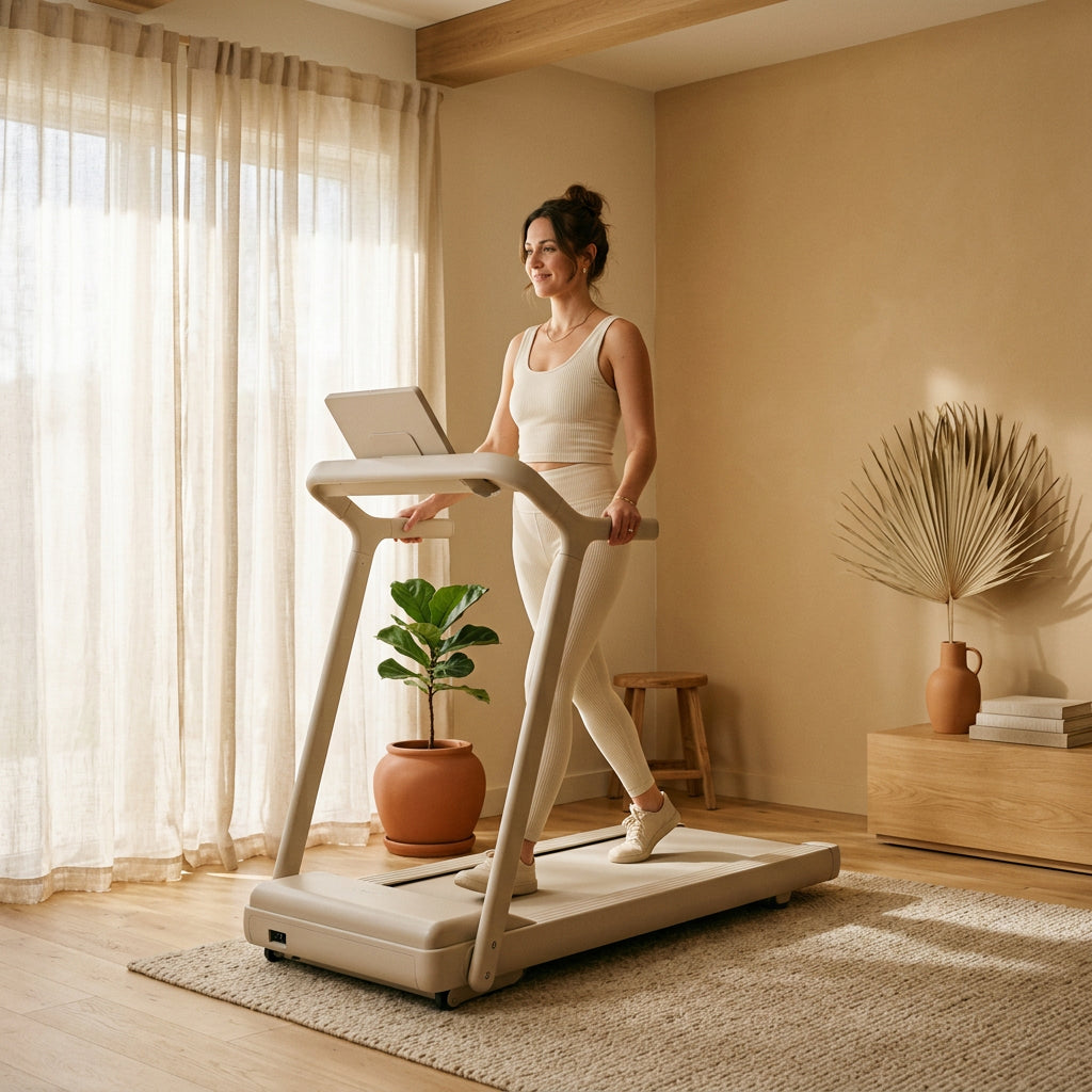 Person using the SteadyStep Treadmill in a sunlit minimalist beige room