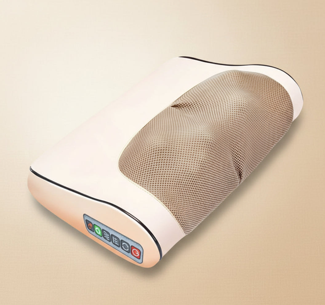 NeckEase Massager product photo on a warm beige background