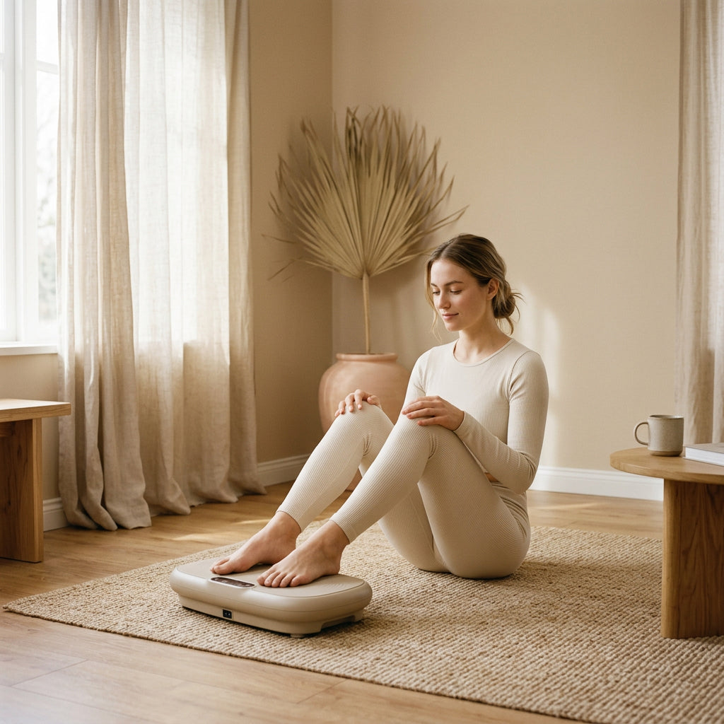 Person using the PulseLift Plate in a sunlit minimalist beige living room