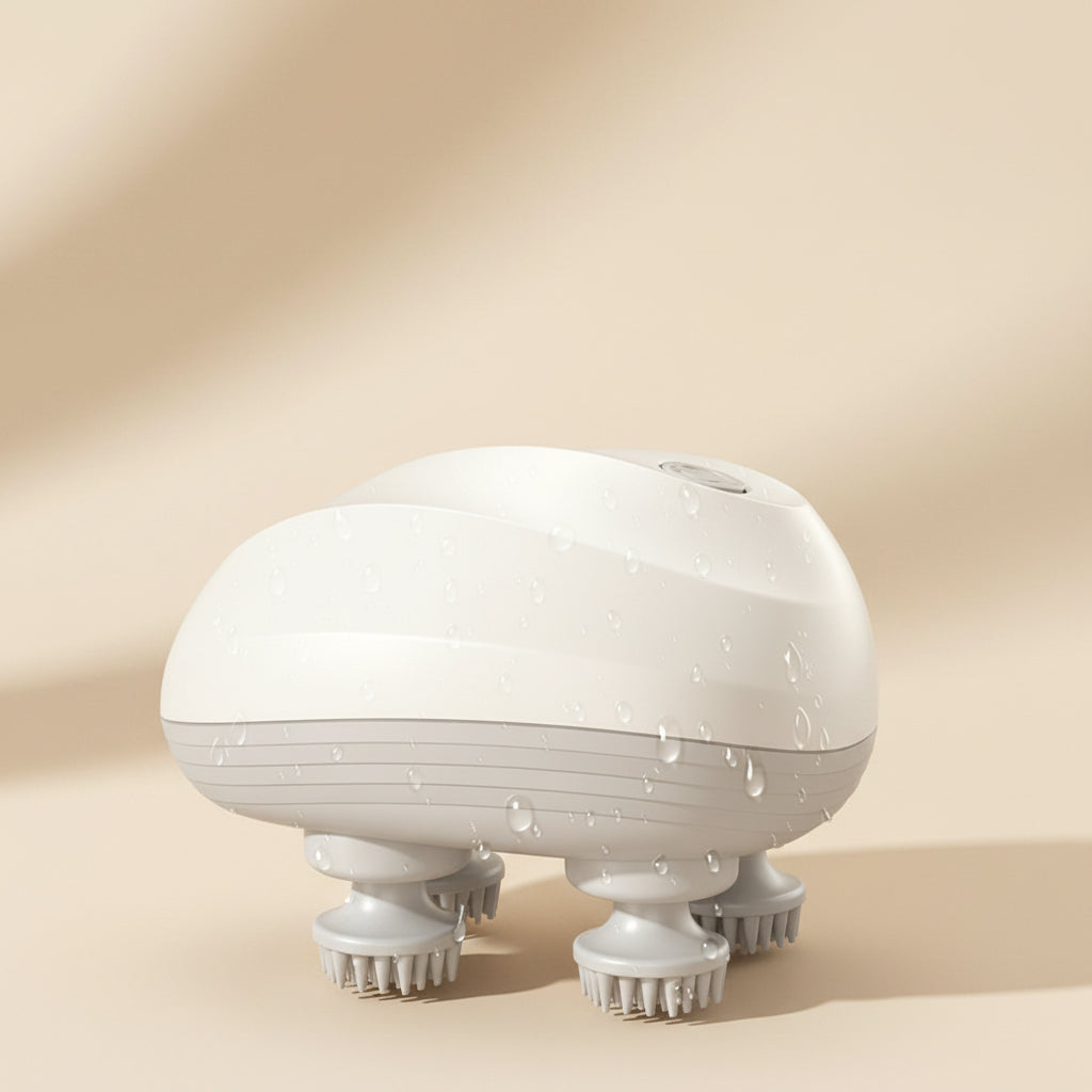 NeckEase Cordless Massager product photo on a warm beige background