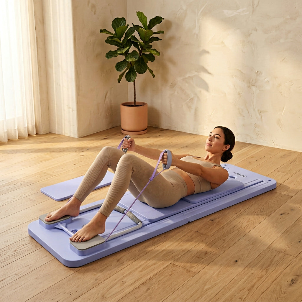 Woman doing Pilates on the Reformly Board in a sunlit minimalist living room
