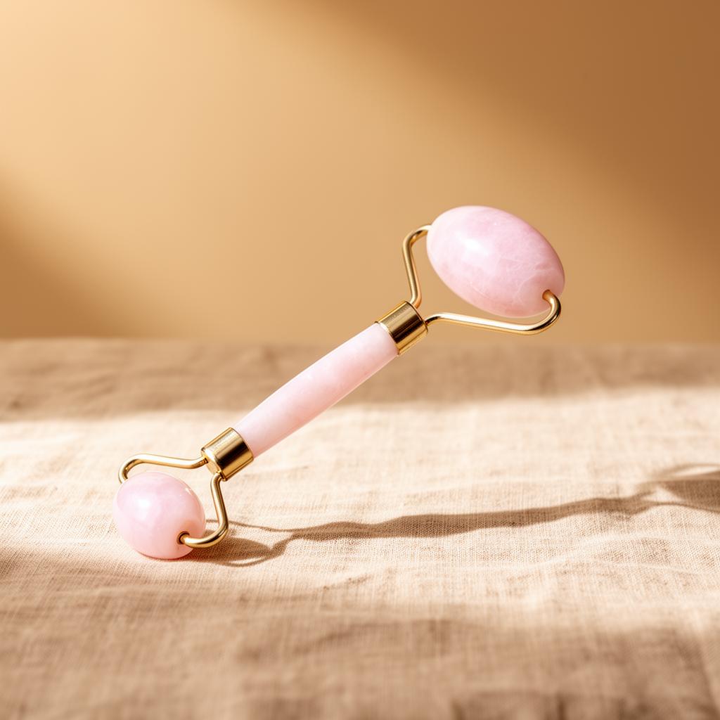 CoolLift Natural Facial Roller on warm beige linen in a sunlit minimalist room