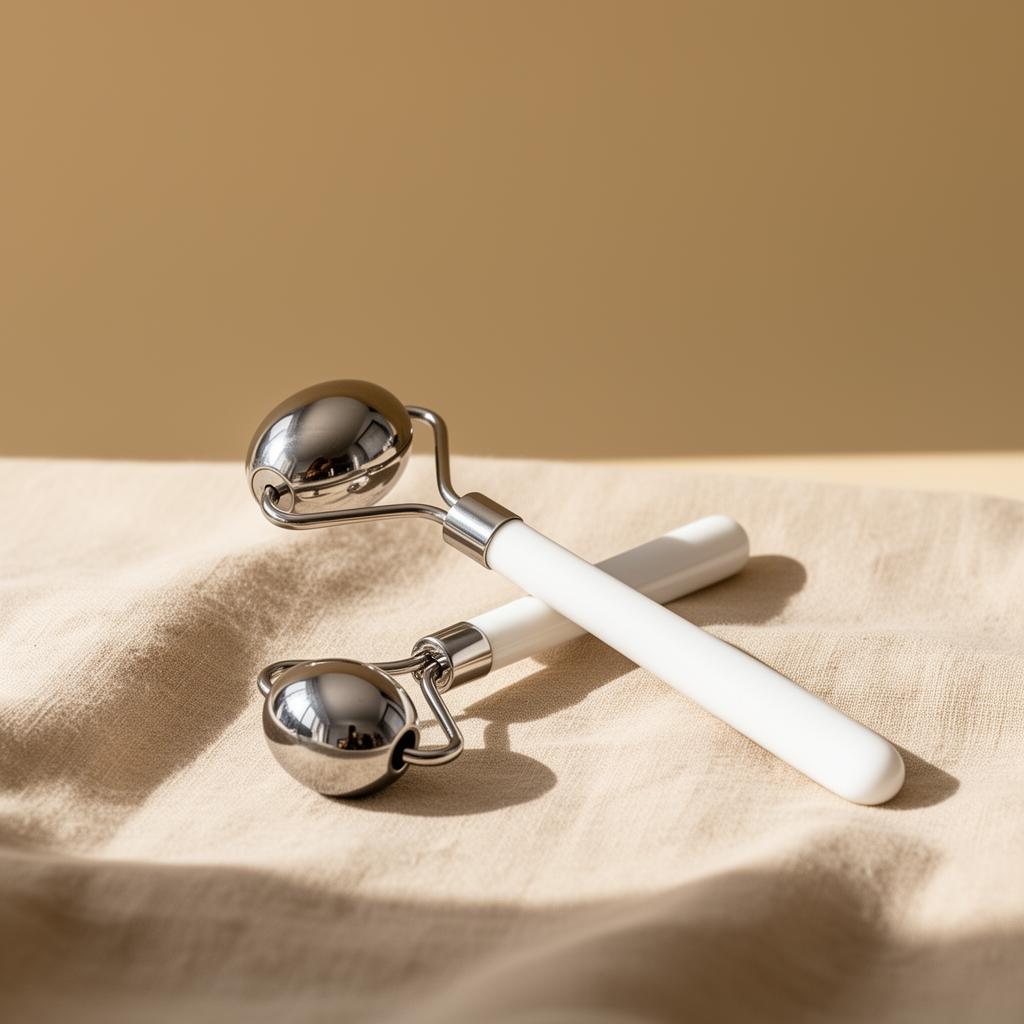 SteelChill Stainless Ice Roller on warm beige linen in a sunlit minimalist room